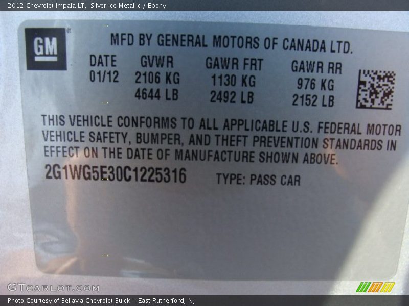 Silver Ice Metallic / Ebony 2012 Chevrolet Impala LT