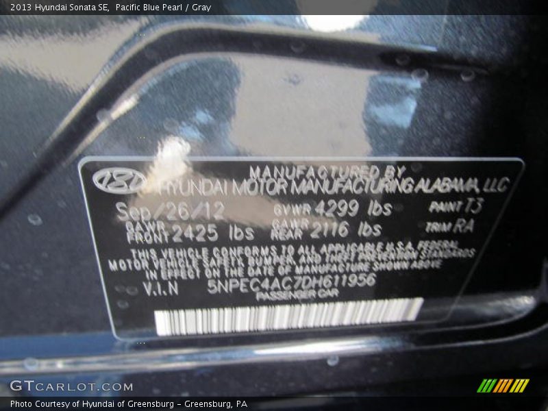 Pacific Blue Pearl / Gray 2013 Hyundai Sonata SE