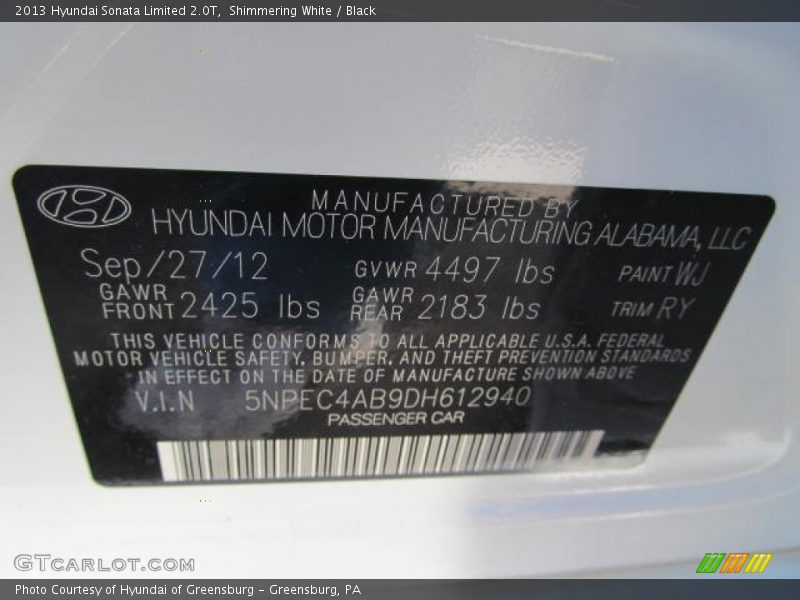 Shimmering White / Black 2013 Hyundai Sonata Limited 2.0T