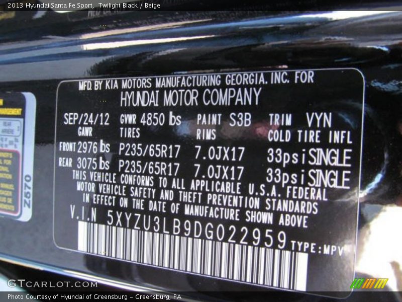 Twilight Black / Beige 2013 Hyundai Santa Fe Sport