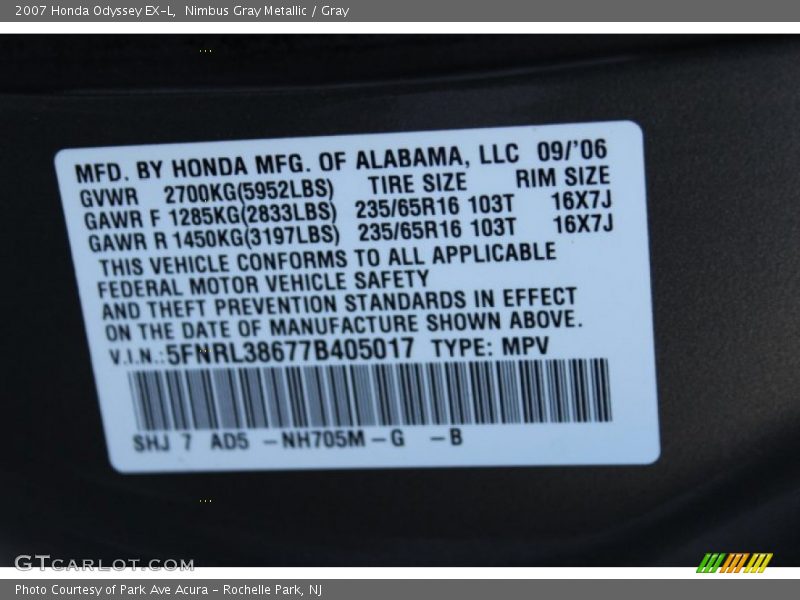 Nimbus Gray Metallic / Gray 2007 Honda Odyssey EX-L