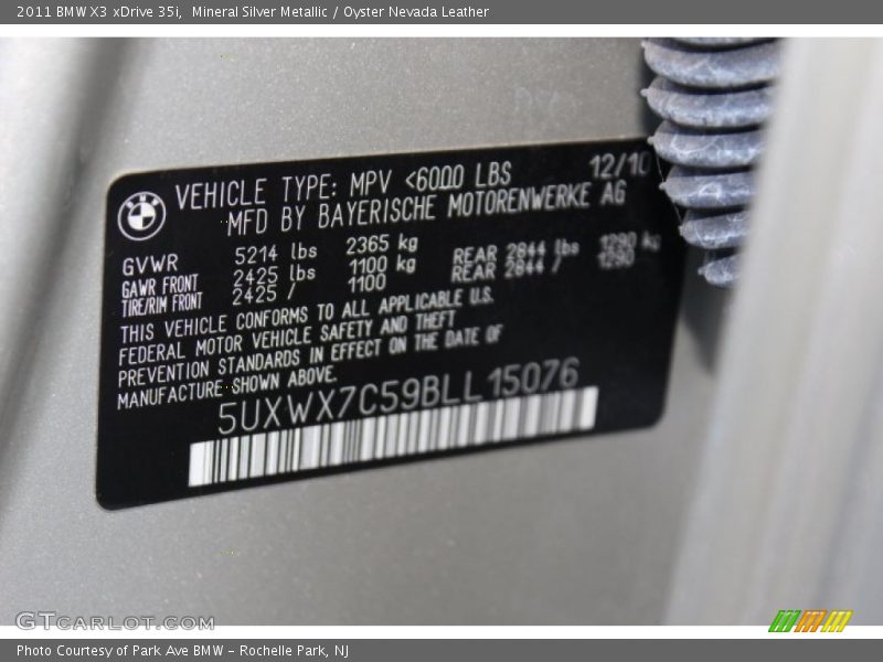 Mineral Silver Metallic / Oyster Nevada Leather 2011 BMW X3 xDrive 35i