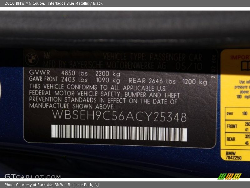 Interlagos Blue Metallic / Black 2010 BMW M6 Coupe