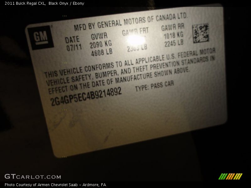 Black Onyx / Ebony 2011 Buick Regal CXL