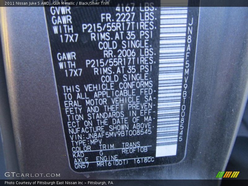 Gun Metallic / Black/Silver Trim 2011 Nissan Juke S AWD