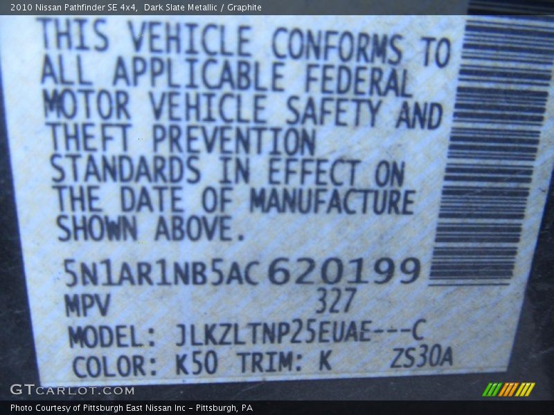 Dark Slate Metallic / Graphite 2010 Nissan Pathfinder SE 4x4