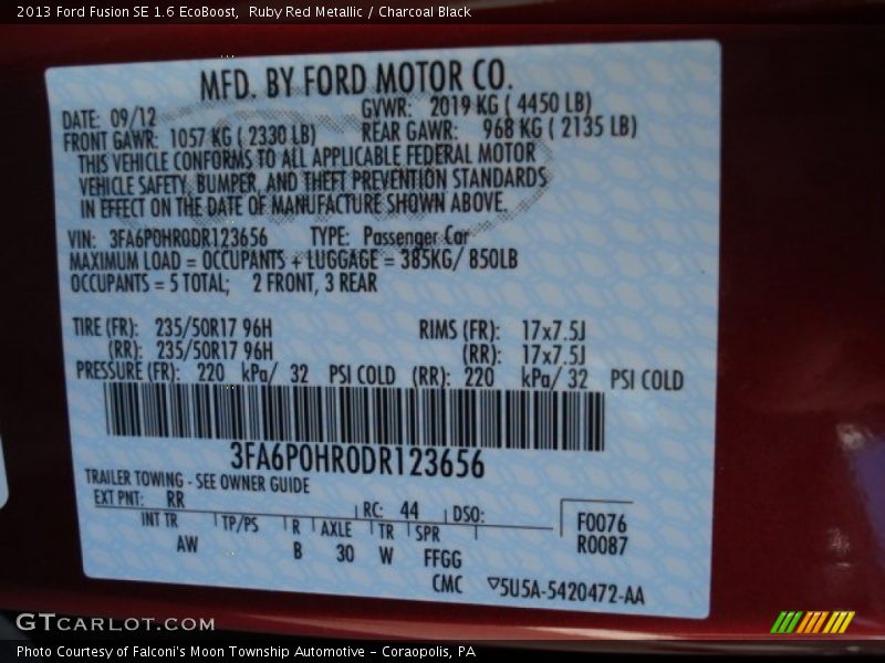 2013 Fusion SE 1.6 EcoBoost Ruby Red Metallic Color Code RR