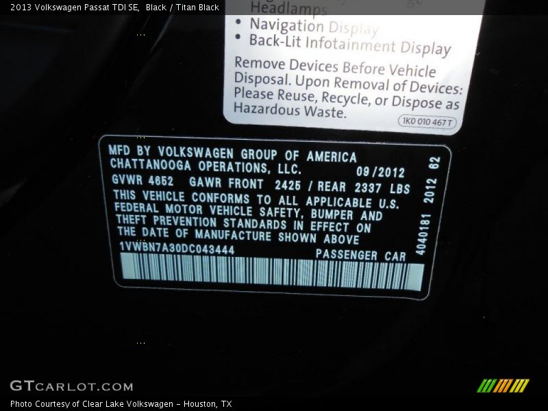 Black / Titan Black 2013 Volkswagen Passat TDI SE