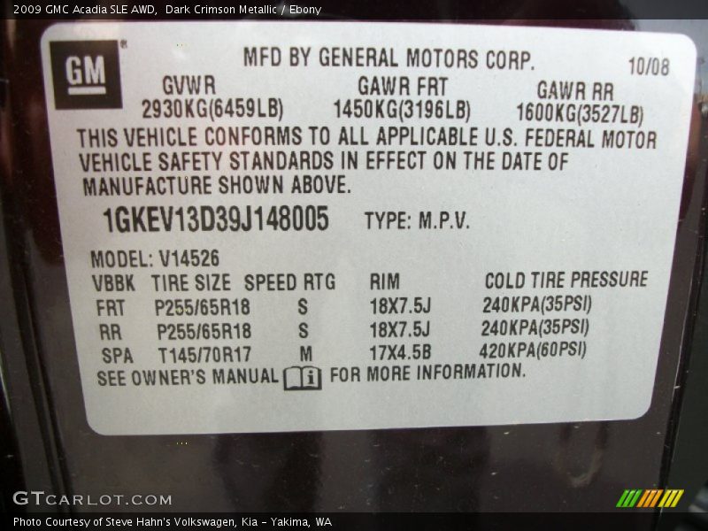 Dark Crimson Metallic / Ebony 2009 GMC Acadia SLE AWD