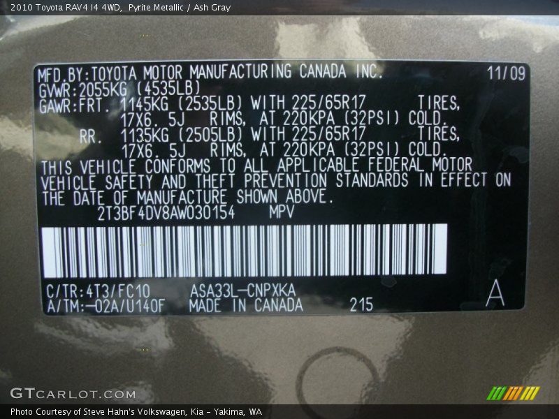 2010 RAV4 I4 4WD Pyrite Metallic Color Code 4T3