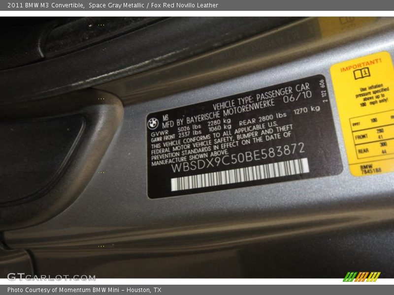 Info Tag of 2011 M3 Convertible