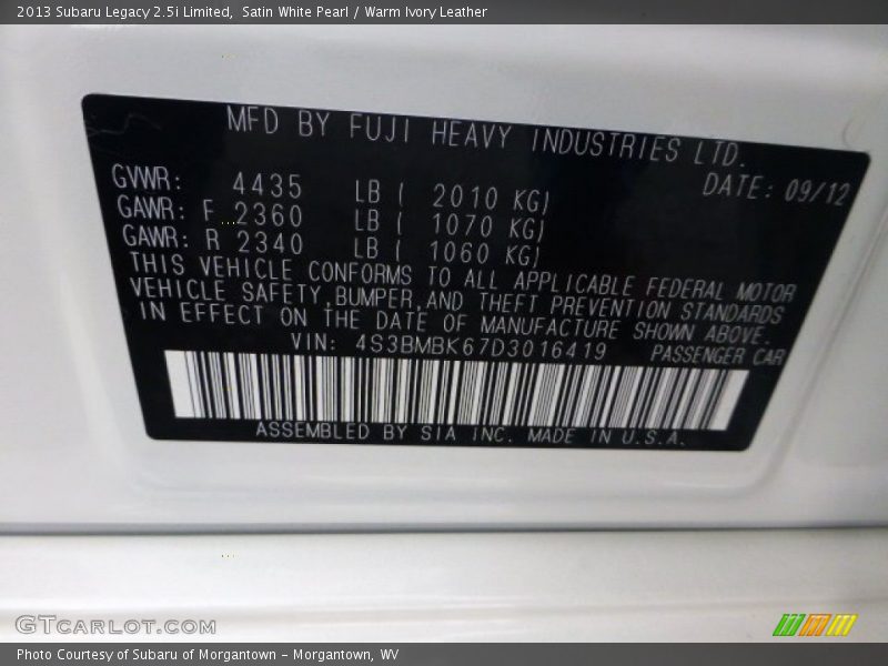 Satin White Pearl / Warm Ivory Leather 2013 Subaru Legacy 2.5i Limited