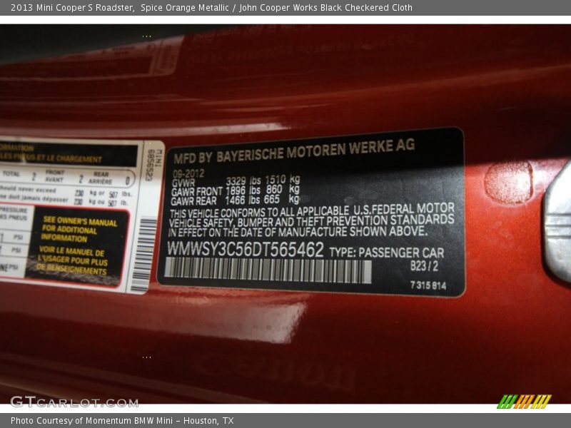 Spice Orange Metallic / John Cooper Works Black Checkered Cloth 2013 Mini Cooper S Roadster