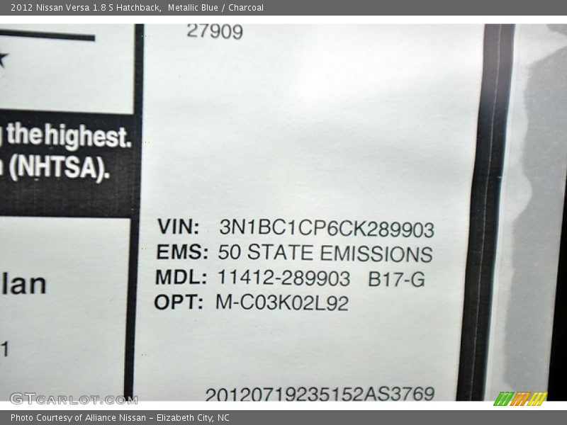 Metallic Blue / Charcoal 2012 Nissan Versa 1.8 S Hatchback