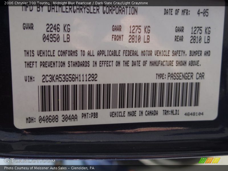 Midnight Blue Pearlcoat / Dark Slate Gray/Light Graystone 2006 Chrysler 300 Touring