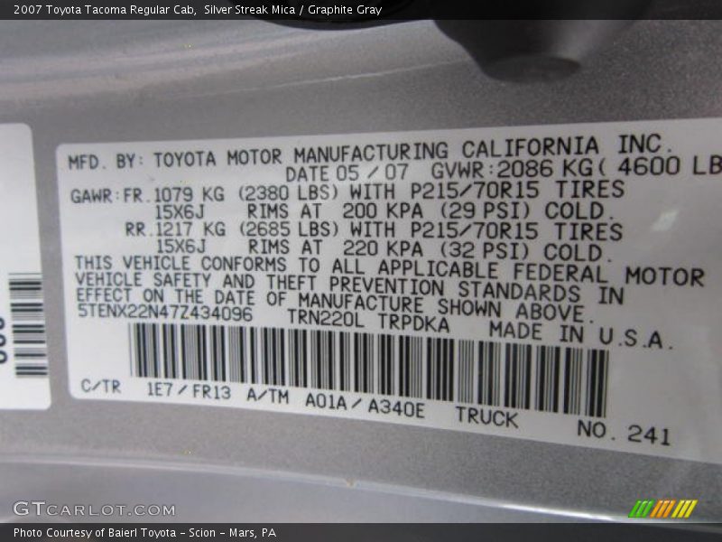 Silver Streak Mica / Graphite Gray 2007 Toyota Tacoma Regular Cab
