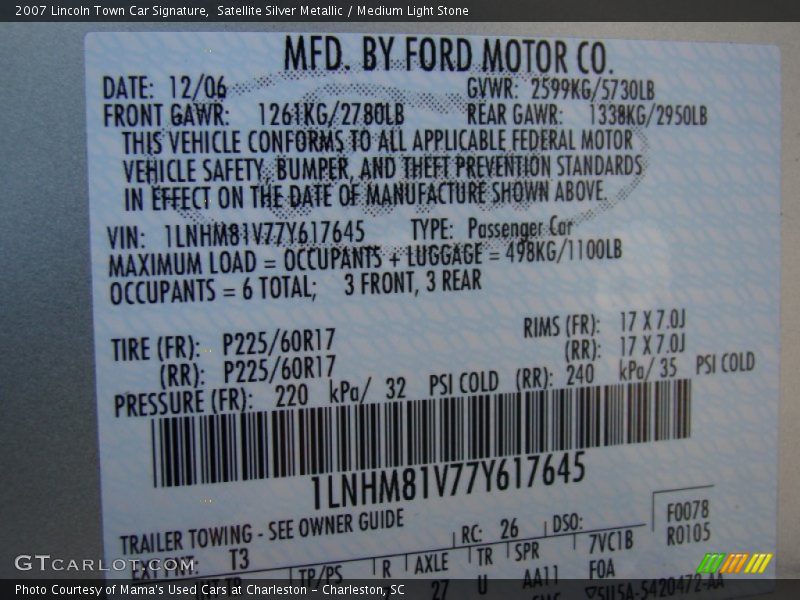 2007 Town Car Signature Satellite Silver Metallic Color Code T3