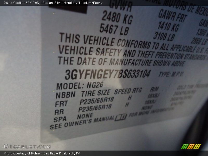 Radiant Silver Metallic / Titanium/Ebony 2011 Cadillac SRX FWD