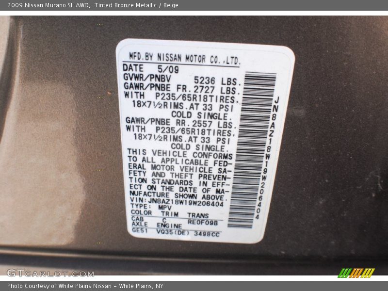 Tinted Bronze Metallic / Beige 2009 Nissan Murano SL AWD
