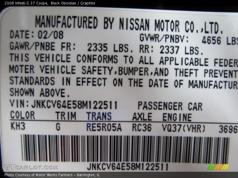 2008 G 37 Coupe Black Obsidian Color Code KH3