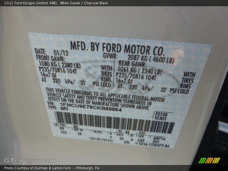2012 Escape Limited 4WD White Suede Color Code WS