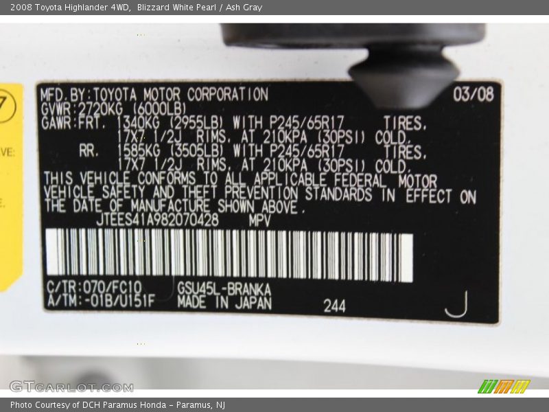 Blizzard White Pearl / Ash Gray 2008 Toyota Highlander 4WD
