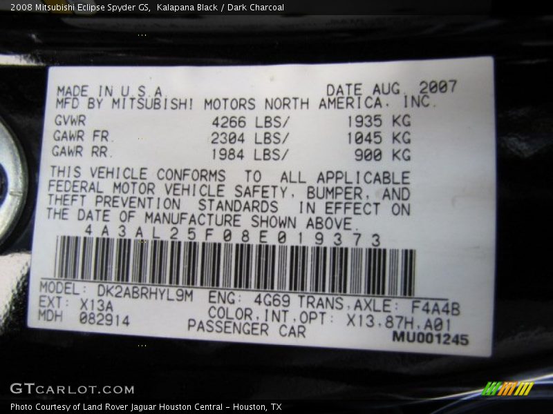 Kalapana Black / Dark Charcoal 2008 Mitsubishi Eclipse Spyder GS
