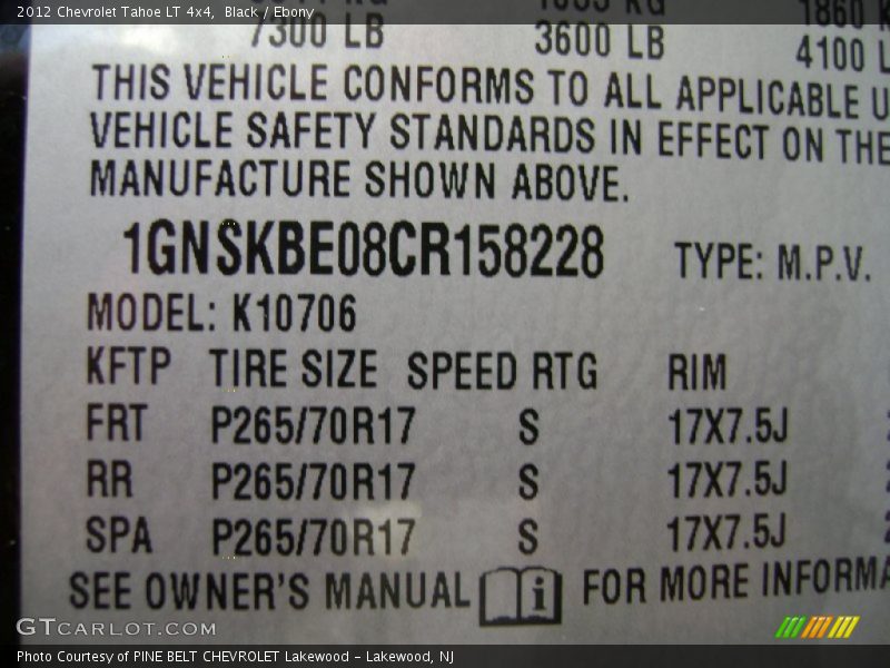 Black / Ebony 2012 Chevrolet Tahoe LT 4x4