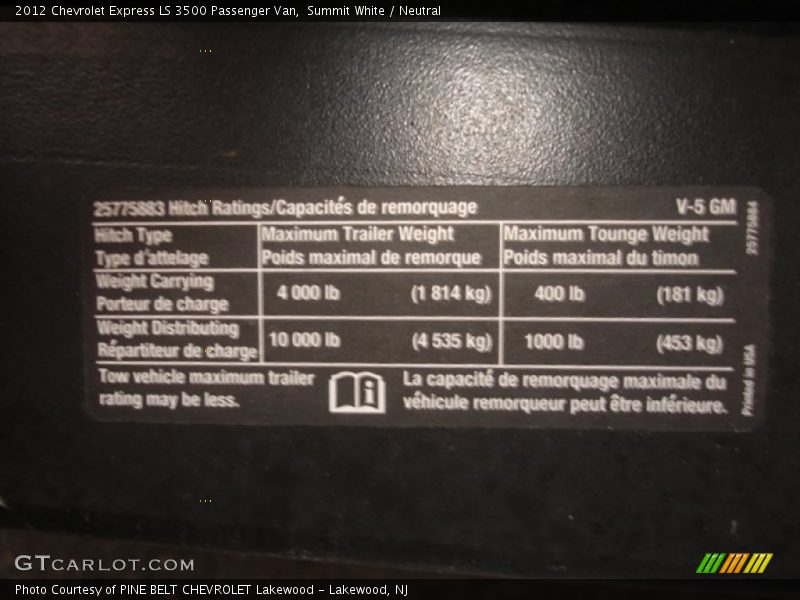 Info Tag of 2012 Express LS 3500 Passenger Van