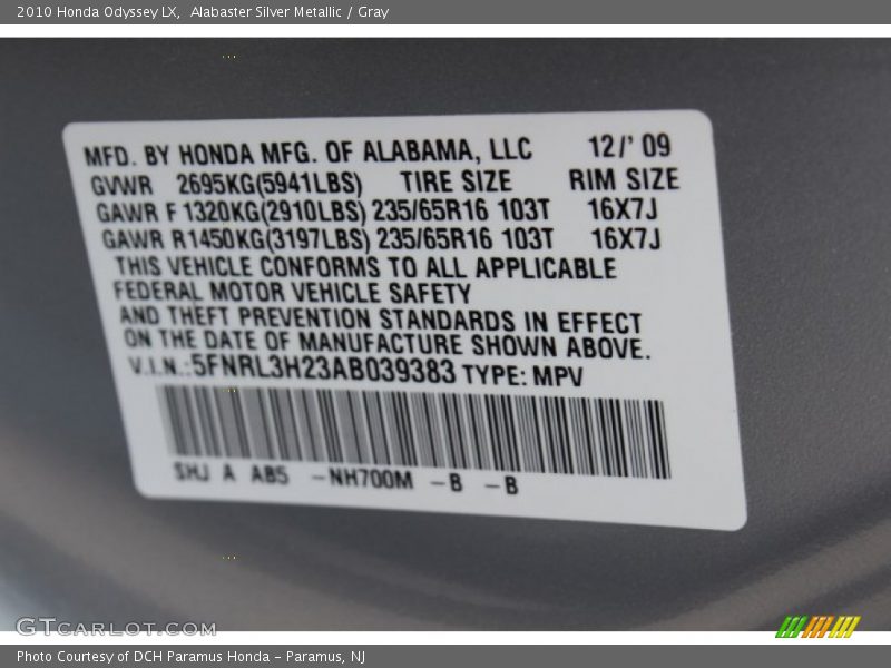 Alabaster Silver Metallic / Gray 2010 Honda Odyssey LX