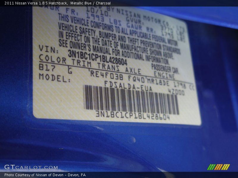 Metallic Blue / Charcoal 2011 Nissan Versa 1.8 S Hatchback