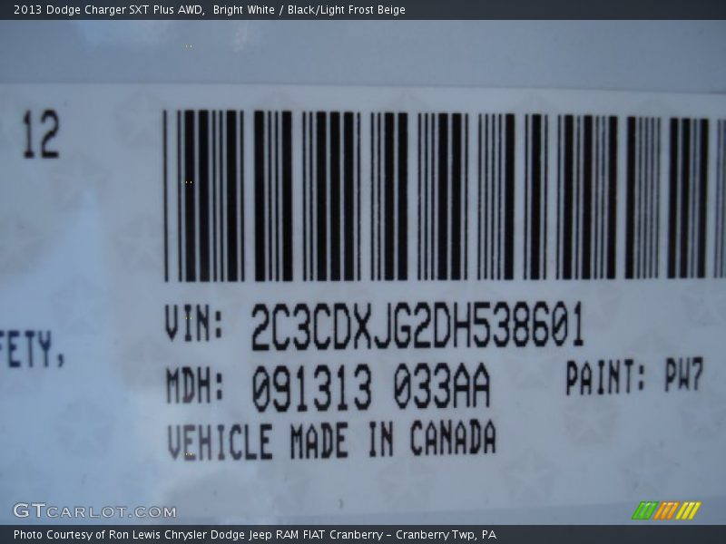 2013 Charger SXT Plus AWD Bright White Color Code PW7