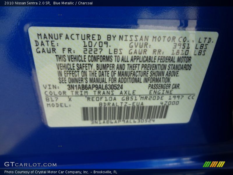 Blue Metallic / Charcoal 2010 Nissan Sentra 2.0 SR