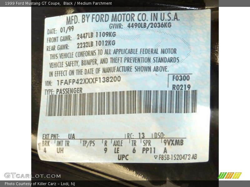 1999 Mustang GT Coupe Black Color Code UA