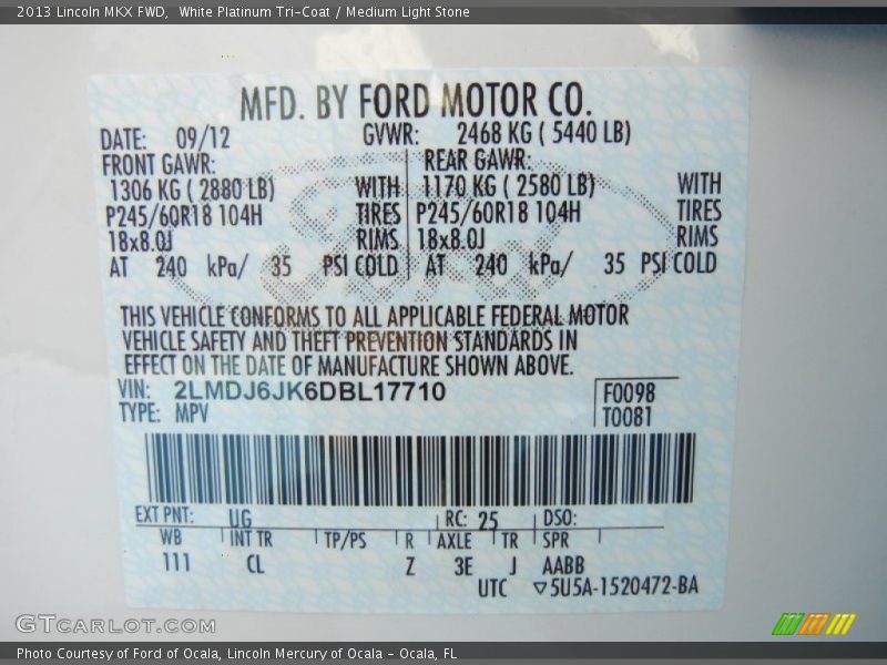 White Platinum Tri-Coat / Medium Light Stone 2013 Lincoln MKX FWD