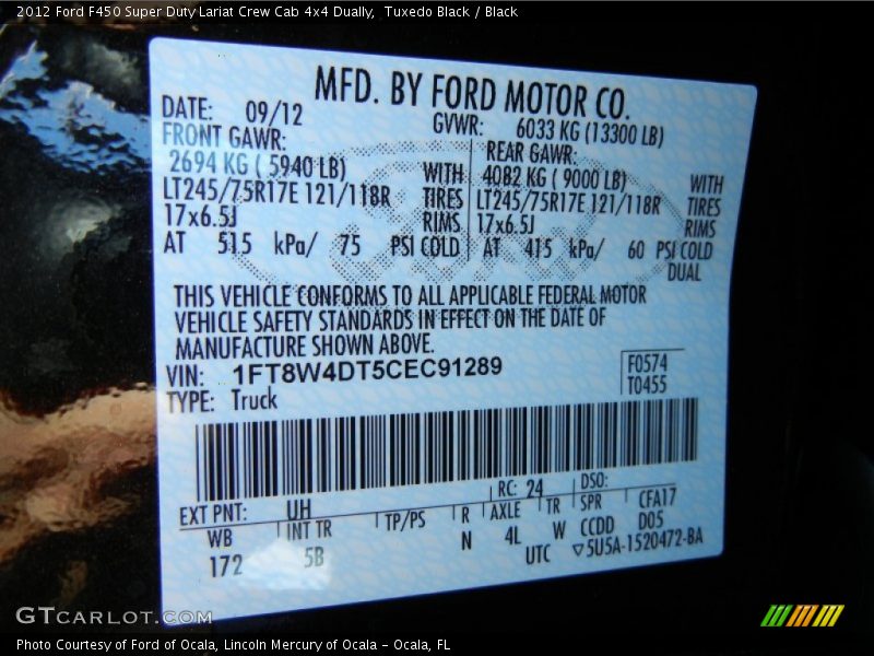 2012 F450 Super Duty Lariat Crew Cab 4x4 Dually Tuxedo Black Color Code UH
