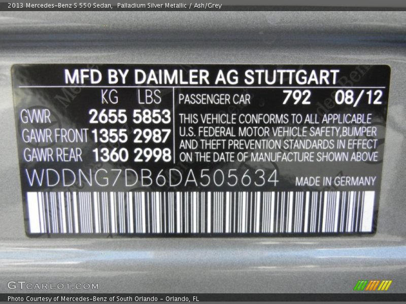 Palladium Silver Metallic / Ash/Grey 2013 Mercedes-Benz S 550 Sedan