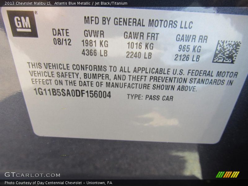 Atlantis Blue Metallic / Jet Black/Titanium 2013 Chevrolet Malibu LS