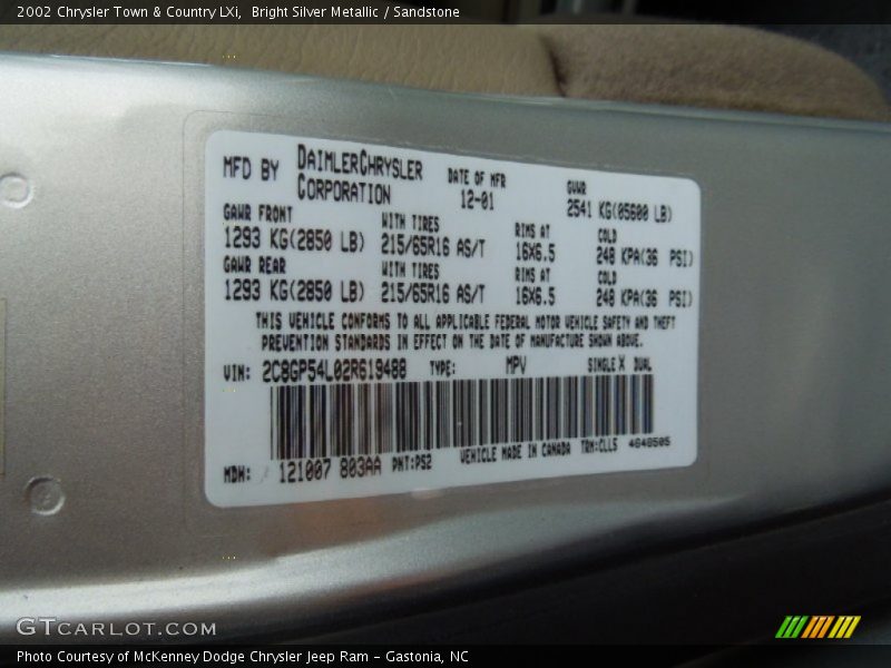 2002 Town & Country LXi Bright Silver Metallic Color Code PS2