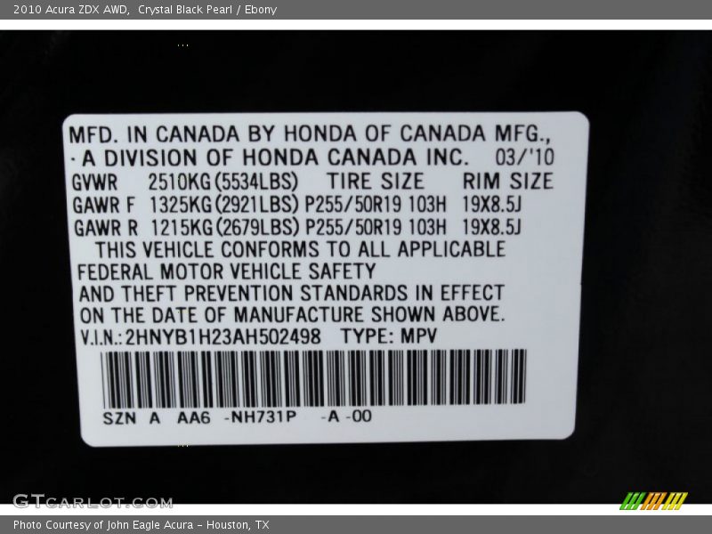 2010 ZDX AWD Crystal Black Pearl Color Code NH731P