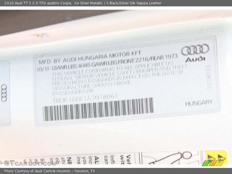Ice Silver Metallic / S Black/Silver Silk Nappa Leather 2010 Audi TT S 2.0 TFSI quattro Coupe