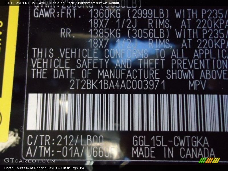 Obsidian Black / Parchment/Brown Walnut 2010 Lexus RX 350 AWD