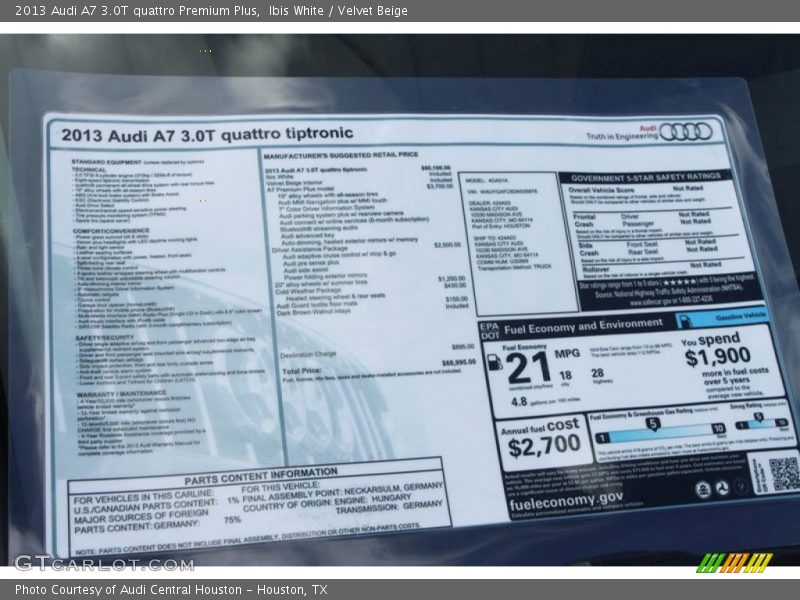  2013 A7 3.0T quattro Premium Plus Window Sticker