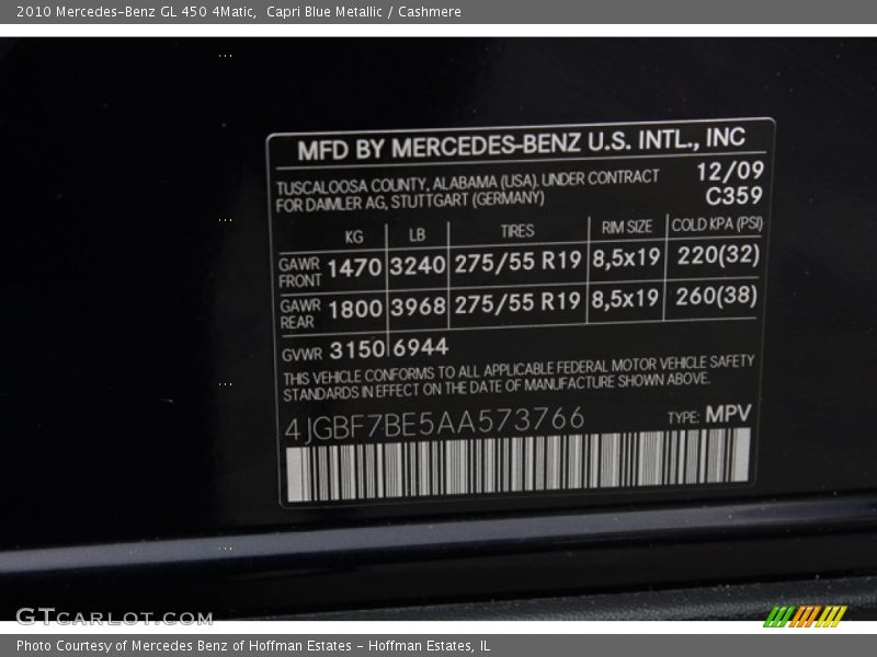 Capri Blue Metallic / Cashmere 2010 Mercedes-Benz GL 450 4Matic