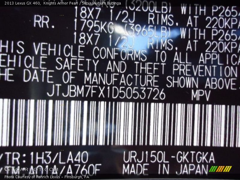 2013 GX 460 Knights Armor Pearl Color Code 1H3