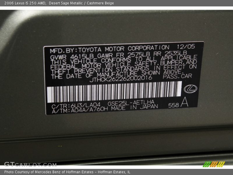 2006 IS 250 AWD Desert Sage Metallic Color Code 6U3