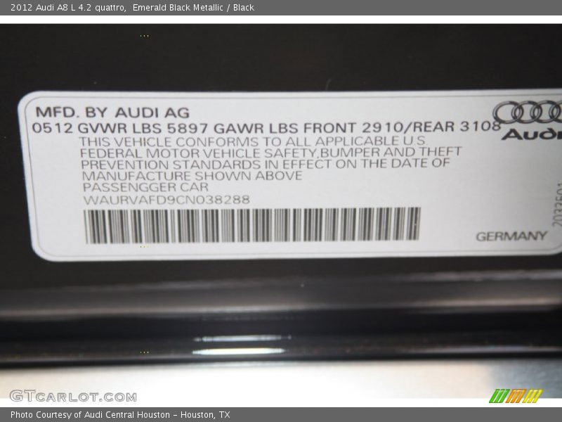 Emerald Black Metallic / Black 2012 Audi A8 L 4.2 quattro