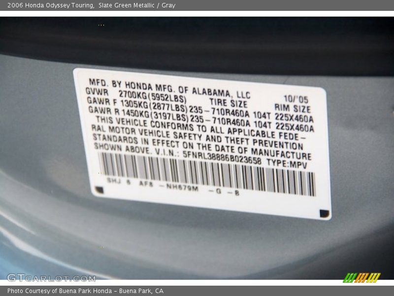 Slate Green Metallic / Gray 2006 Honda Odyssey Touring