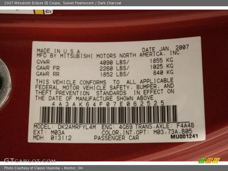 Sunset Pearlescent / Dark Charcoal 2007 Mitsubishi Eclipse SE Coupe