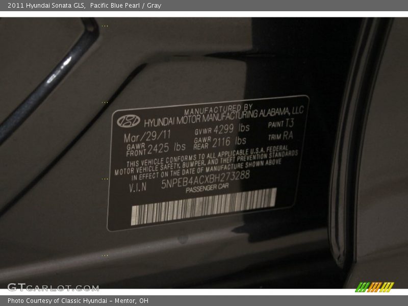 Pacific Blue Pearl / Gray 2011 Hyundai Sonata GLS